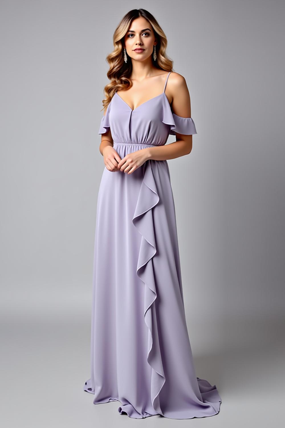 Dressystars Backless Ruched Lilac V-Neck Long Formal Dress