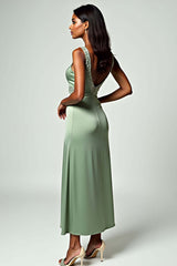 Dressystars Backless Tea-Length Column Dusty Sage Wedding Guest Dress Formal Dress With Beading