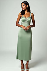Dressystars Backless Tea-Length Column Dusty Sage Wedding Guest Dress Formal Dress With Beading