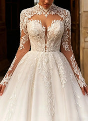 Dressystars Ball Gown High Neck Long Sleeves Chapel Train Satin Tulle Organza Wedding Dress with Appliques