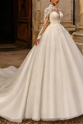 Dressystars Ball Gown High Neck Long Sleeves Chapel Train Satin Tulle Organza Wedding Dress with Appliques