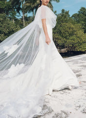 Dressystars Ball Gown Off the Shoulder Cape Sleeves Chapel Train Crepe Satin Wedding Dress with Flower