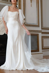 Dressystars Ball Gown Off the Shoulder Cape Sleeves Chapel Train Crepe Satin Wedding Dress with Flower
