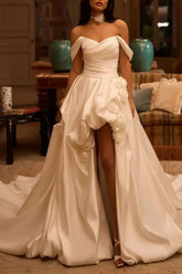 Dressystars Ball Gown Off the Shoulder Sleeveless Cathedral Satin Wedding Dress with Flowers
