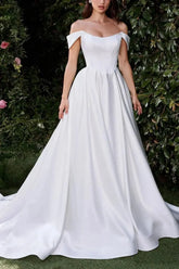 Dressystars Ball Gown Off the Shoulder Sleeveless Court Train Matte Satin Wedding Dress with Pockets