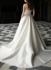 Dressystars Ball Gown Off the Shoulder Sleeveless Court Train Satin Wedding Dress