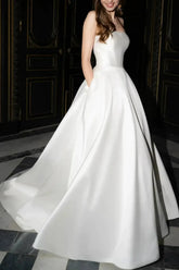 Dressystars Ball Gown Off the Shoulder Sleeveless Court Train Satin Wedding Dress
