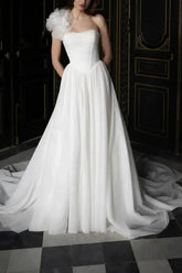 Dressystars Ball Gown One Shoulder Sleeveless Chapel Train Chiffon Wedding Dress with Pockets