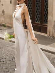 Dressystars Ball Gown Plunge Neck Sleeveless Chapel Train Crepe Satin Wedding Dress