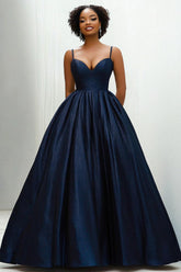 Dressystars Ball Gown Sweetheart Navy Wedding Guest Dress Spaghetti Straps Long Satin Formal Dress With Pockets