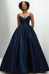 Dressystars Ball Gown Sweetheart Navy Wedding Guest Dress Spaghetti Straps Long Satin Formal Dress With Pockets