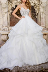Dressystars Ball Gown V Neck Sleeveless Chapel Train Satin Organza Wedding Dress with Appliques