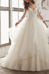 Dressystars Ball Gown V Neck Three Quarter Sleeves Court Train Satin Organza Wedding Dress with Appliques