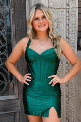 Dressystars Beaded Dark Green Corset Bodycon Halter Short Homecoming Dress