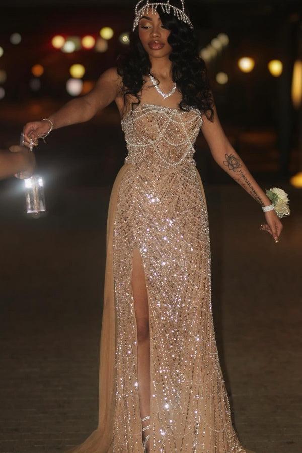 Dressystars Beaded Formal Dress Strapless Sheath Wedding Party Dress with Panel Train