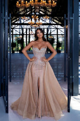 Dressystars Beaded Formal Dress Sweetheart Chamapgne Panel Train Prom Evening Gown