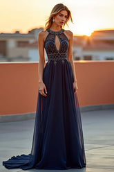 Dressystars Beaded Navy Wedding Guest Dress Halter Long Formal Dress With Embroideries