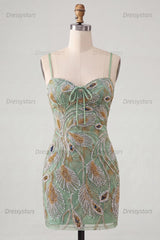 Dressystars Beaded Sage Green Tight Short Homecoming Dress with Bow