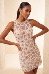 Dressystars Beaded Sequin Blush Round Neck Tight Short Homecoming Dress