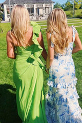 Dressystars Beautiful A Line Sweetheart Blue Printed Long Prom Dress With Ruffles Formal Evening Gown