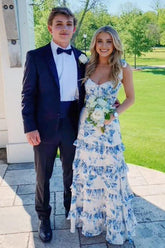 Dressystars Beautiful A Line Sweetheart Blue Printed Long Prom Dress With Ruffles Formal Evening Gown