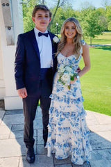 Dressystars Beautiful A Line Sweetheart Blue Printed Long Prom Dress With Ruffles Formal Evening Gown