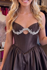 Dressystars Black Beaded A Line Keyhole Short Corset Homecoming Dress