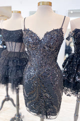 Dressystars Black Corset Sequin Short Homecoming Dress with Appliques