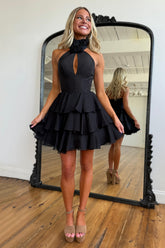 Dressystars Black Floral Homecoming Dresses High Neck Short Cocktail Dresses With Ruffles