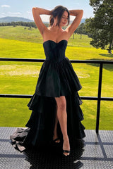 Dressystars Black Homecoming Dress A-Line Corset Sweetheart High Low Tiered Long Prom Dress
