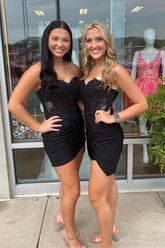 Dressystars Black Homecoming Dress Corset Sequin Tight Short Prom Dress with Lace