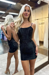 Dressystars Black Homecoming Dress Corset Tight Short Prom Dress with Lace