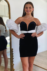 Dressystars Black Homecoming Dress Detachable Sleeves Velvet Tight Short Prom Dress