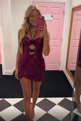 Dressystars Black Homecoming Dress Halter Satin Tight Short Prom Dress with Hollow Out