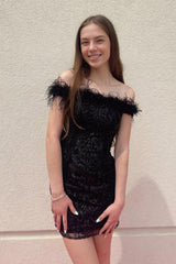Dressystars Black Homecoming Dress Sequin Feathered Tight Short Prom Dress