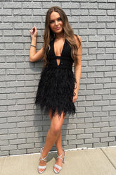 Dressystars Black Homecoming Dress Sequin Feathers A-Line Short Prom Dress