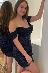 Dressystars Black Homecoming Dress Sequin Off the Shoulder Tight Short Prom Dress