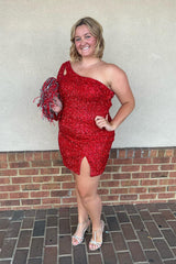 Dressystars Black Homecoming Dress Sequin One Shoulder One Sleeve Keyhole Tight Short Prom Dress