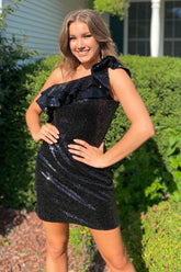 Dressystars Black Homecoming Dress Sequin One Shoulder Prom Dress