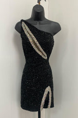 Dressystars Black Homecoming Dress Sequin One Shoulder Tight Short Prom Dress
