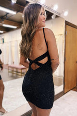 Dressystars Black Homecoming Dress Sequin Open Back Tight Short Hoco Dress