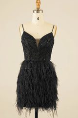 Dressystars Black Homecoming Dress Sequin Tight Prom Dress with Feathers