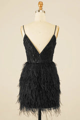 Dressystars Black Homecoming Dress Sequin Tight Prom Dress with Feathers