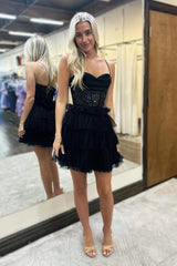 Dressystars Black Homecoming Dress Spaghetti Straps Corset Short Prom Dress