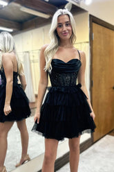 Dressystars Black Homecoming Dress Spaghetti Straps Corset Short Prom Dress