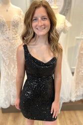 Dressystars Black Homecoming Dress Spaghetti Straps Sequin Backless Tight Prom Dress