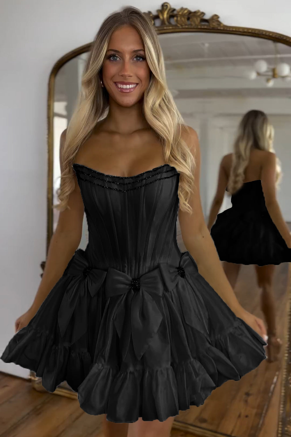 Dressystars Black Homecoming Dress Strapless Corset Short Prom Dress With Bow