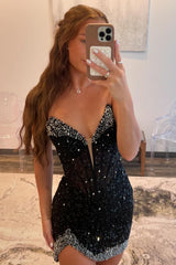 Dressystars Black Homecoming Dress Strapless Corset Short Prom Dress with Beadings