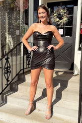 Dressystars Black Homecoming Dress Sweetheart Bodycon Metallic Ruched Short Prom Dress
