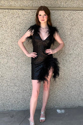 Dressystars Black Homecoming Dress V-Neck Tight Short Prom Dress with Feathers